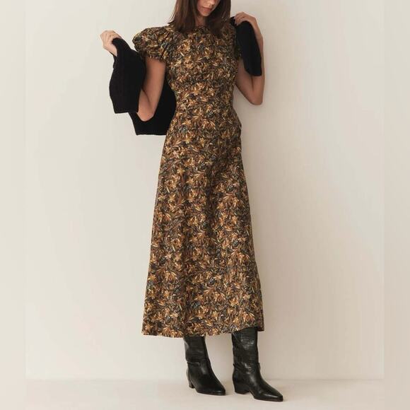 Doen Rhodia Cotton Crew Neck Short Puff Sleeve Maxi Dress Noir Narcissus Floral - Picture 2 of 13